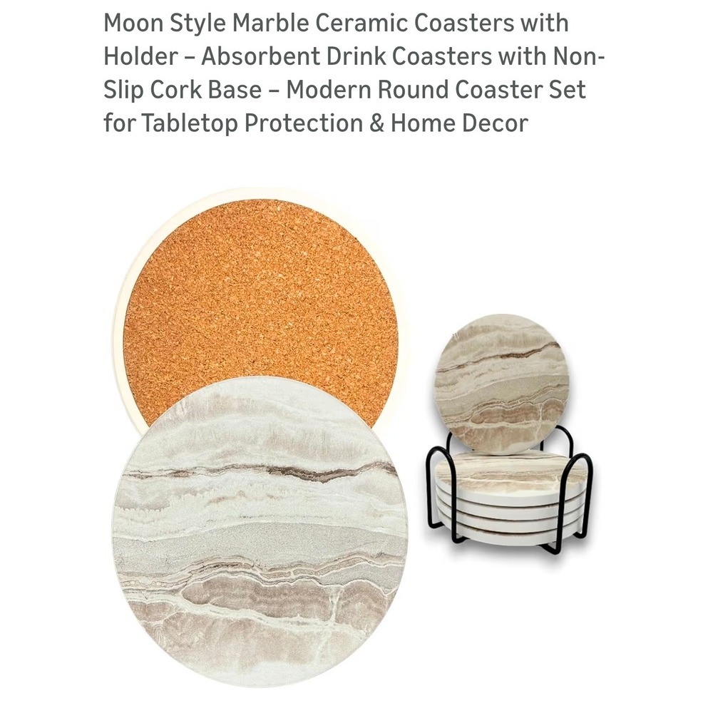 Moon Style Ceramic Coasters Set of 6 Absorbent Drink Coasters with Holder
